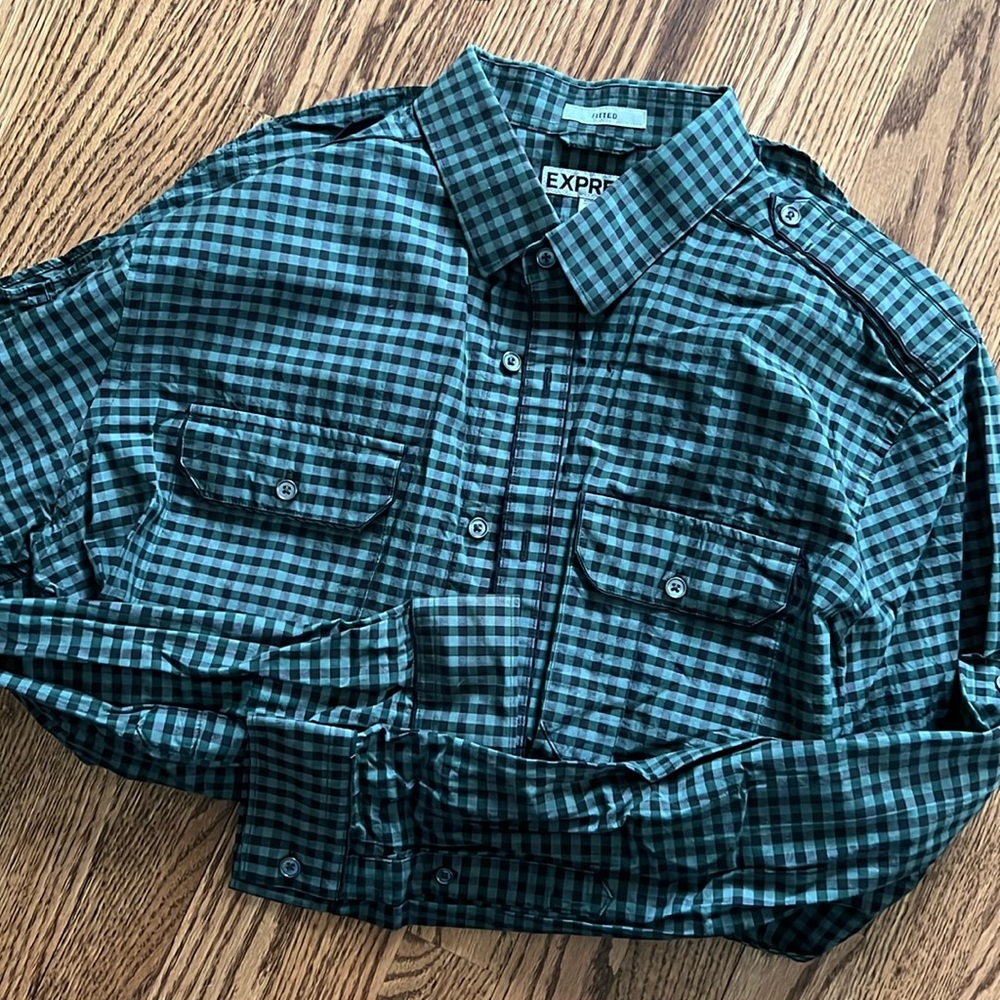Express fitted green and black checkered button down